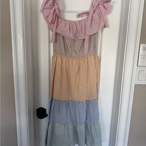 English Factory Colorblock Striped Tiered Bow Strap Midi Dress